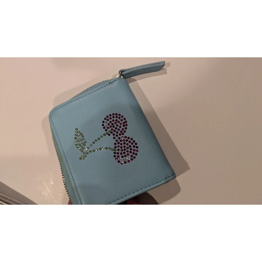 Baby Blue Cherry Rhinestone Coin‎ Purse Small Zip Around Cute Kawaii Y2K Chic